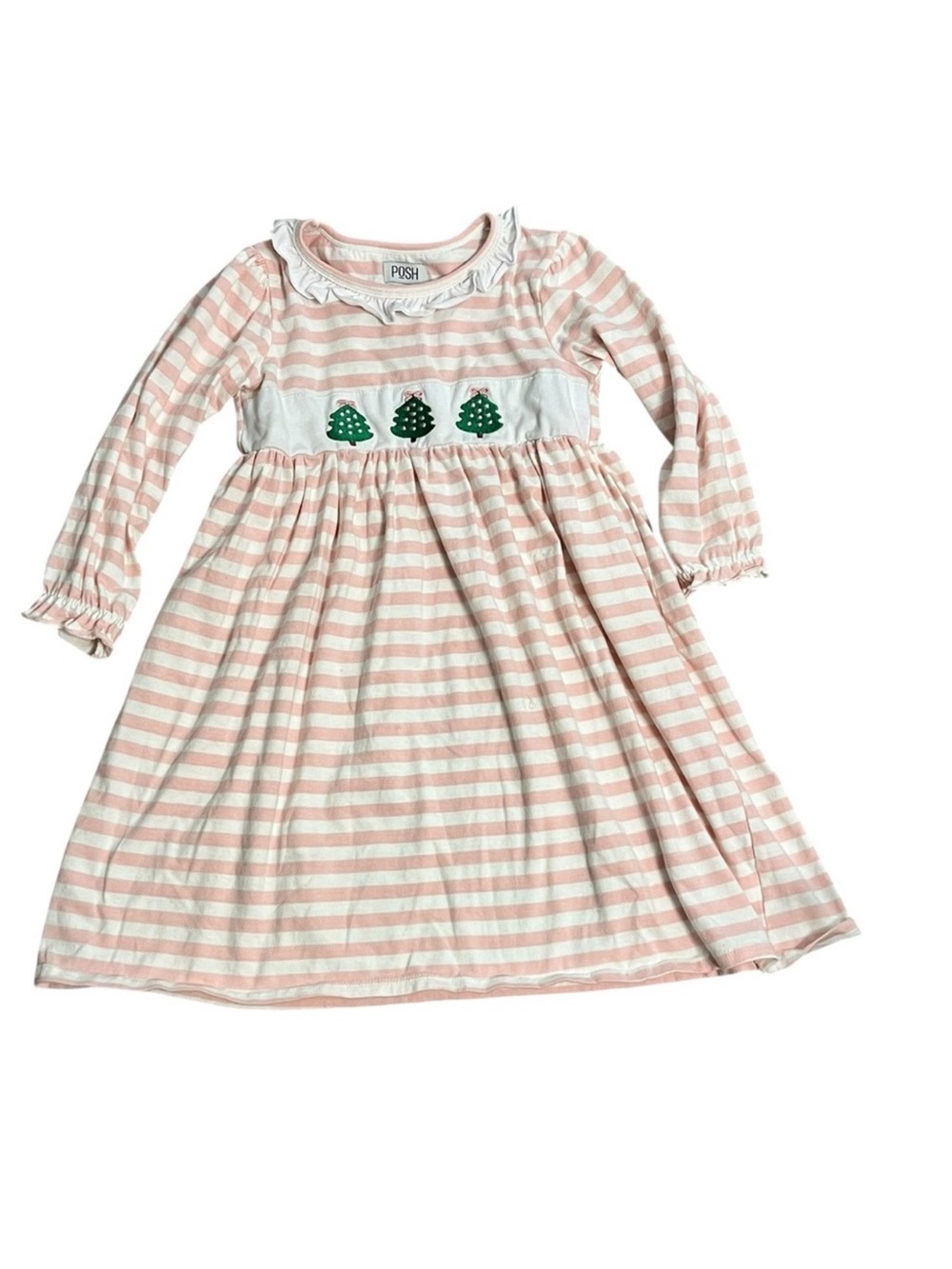 Girls Posh Casual Dress 6 Pink White Striped Christmas Trees